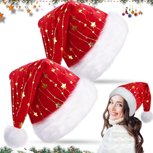 Noël 2 Pcs Chapeau de Noël Adulte, Chapeau avec Motif Étoile, Unisexe Homme Femme Chaud Peluche Bonnet de Père Noël, Accessoires Noël Nouvel An Décoration