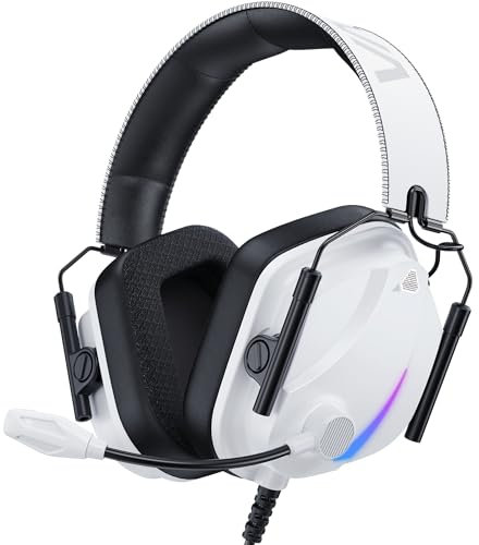 Vakedy HW12 Casque de jeu pour PC/PS5/PS4/Xbox One/Switch, casque de jeu avec microphone, casque filaire avec prise audio de 3,5 mm (blanc)
