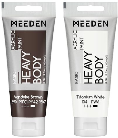 MEEDEN Acrylic Paint Vandyke Brown: 100ml/3.38oz x 2 with Titanium White | Heavy Body Artist Acrylic Paint Set for Canvas, Wood & Craft, Non-toxic Creamy Art Paint with Titanium White for Mixing