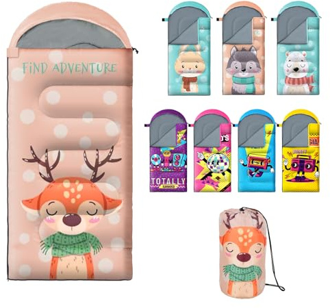 Sleeping Bag for Kids,Portable Camping Sleeping Bags for Boys&Girls with Cute Cartoon Print,Lightweight Waterproof Compact Sleeping Bag for Indoor Outdoor Hiking Travel (Deer)