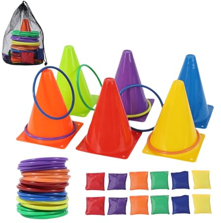 42 pcs 3-in-1 Carnival Games Set Plastic Colorful Cones Ring Toss Combo Set Outdoor Carnival Games Bean Bag for Kids Adults Birthday Party Outdoor Throwing Games