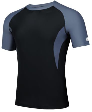 AMZSPORT Herren Rash Guard Shirt, UPF 50+ UV Schutz Kurzarm T-Shirt, Schnelltrocknendes Sonnenschutz Vest für Schwimmen, Surf, Laufen, Angeln, Schwarzgrau, L