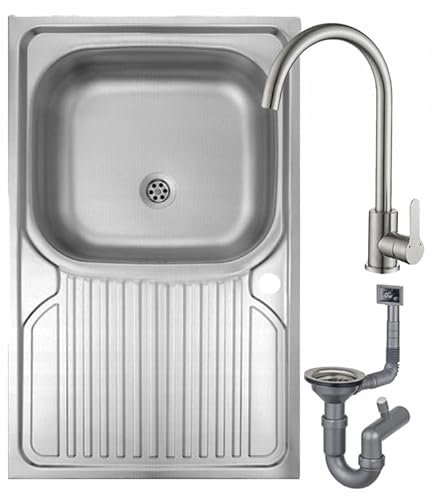 DomoDomo - Lavello Cucina in Acciaio Inox 80x50 cm con Gocciolatoio – Lavello da Incasso Set con Miscelatore & Sifone – Lavello da Cucina 1 Vasca, Lavello da Appoggio