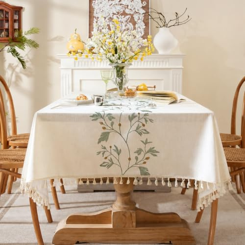 Lifetooler Mantel Antimanchas Rectangular Algodón y Lino Impermeable Manteles de Mesa Elegante con Borla para Exterior Jardin,Cocina Decoracion Mesa Comedor(Blanco,140x140cm)