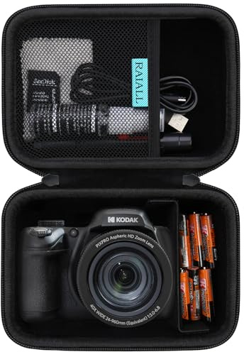 RAIALL Funda para cámara Kodak PIXPRO AZ405/AZ425/AZ255/AZ401/AZ528, Funda rígida para cámara vlogging, Bolsa Protectora de Viaje, Bolsillo de Malla para batería, Tarjeta SD y Cable USB, Negro