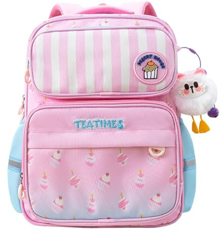 Ryushoyo Kids School Backpack For Age 4-7 Girls Waterproof Oxford Bookbag with Chest Buckle & Plush Charm - Pink Cute Cupcake Design