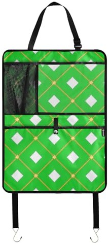 Protector y organizador de asiento trasero de coche a cuadros verde limón a cuadros dorados con tableta para guardar el asiento del vehículo para niños