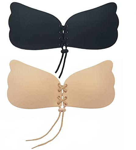 Donbafre Push Up Bra for Women, 2 Pack Invisible Adhesive Strapless Backless Bra, Stick on Bra with Drawstring, Skin Friendly Sticky Silicone Padded for Everyday Wearing, Party, Wedding,Size B
