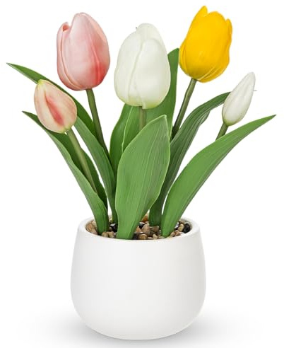 Hollyone Tulips Artificial Flowers in Vase Fake Tulips Silk Flowers Arrangements Faux Tulip Bulbs with Ceramic Pot Tulip Potted Plants Floral Bouquet for Home Decor Table Centerpiece Decorations