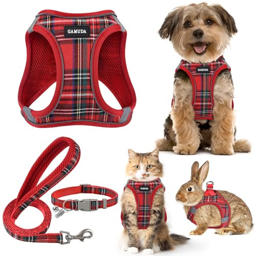 Small Pet Harness Collar and Leash Set, Step in No Chock No Pull Soft Mesh Adjustable Dog Vest Harnesses Plaid Reflective for Dogs Puppy and Cats Outdoor Training (Red, S)