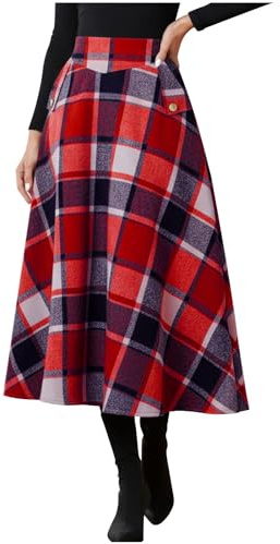 ABLYTMIAQ Winter Skirt for Women UK Pleated Midi Wool Blend Plaid Long Skirts A-Line Maxi Skirt with Pocket High Elastic Waisted Flowy Tartan Skirt Casual Going Out Plus Size