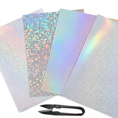 12 piezas de papel de pegatinas holográfico con tijeras, papel de pegatinas de vinilo holográfico A4, superposición de laminación transparente autoadhesiva con purpurina, película laminada de vinilo