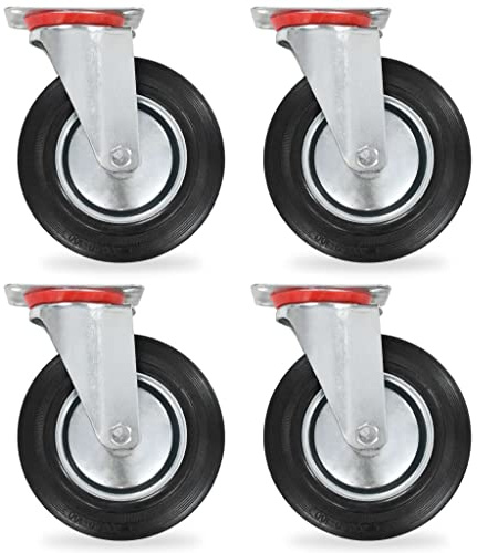 Augerlite styrhjul 4 st. 200 mm gummi och järn med zinkbeläggning, lastkapacitet 180 kg, lämpliga för verkstad, lager, industri och transportvagnar, ljudlösa och skonsamma mot golvet