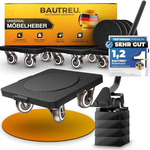 BAUTREU Möbelheber Set für schwere Möbel - 4X Möbelroller und 1x Lastenheber - inkl. 4 Anti-Rutsch Pads - Möbel Transportroller Set für Umzug - Bodenschonende TPE Rollen