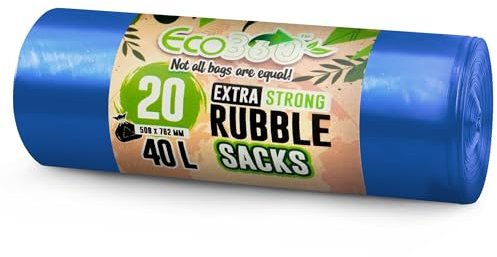 EcoBag 20 Pack Blue Rubble Bags - 40L - 100 Microns - Recyclable Heavy Duty Bin Bags - Leak Resistant Rubble Sacks for Garden, Builders, Caterers, Kitchen, DIY (508 x 762mm)