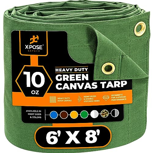 Xpose Safety Canvas Tarp - 10oz Green Canvas Tarps Heavy Duty Water Resistant with Brass Grommets- Multipurpose Outdoor Tarpaulin for Camping, Canopy, Trailer, Equipment Cover 6' x 8'