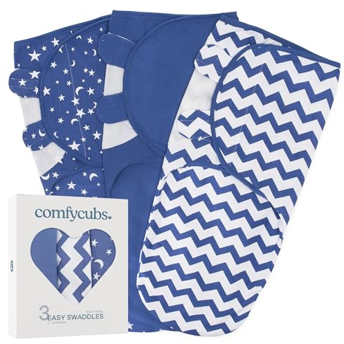 Comfy Cubs Easy Swaddle Blanket - Juego de 3 Mantas de 100% algodón, tamaño pequeño para bebés de 0 a 3 Meses, con Velcro Ajustable, Saco de Dormir Transpirable y Duradero, Regalos para bebés recién