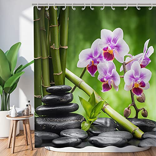 Hnmdmyi Zen Garden Shower Curtain 90x180, Spa Green Bamboo Black Stone Purple Flower Bathroom Curtains Japanese Meditation Relaxing Waterproof Polyester Fabric Washable Bath Curtains with Hooks