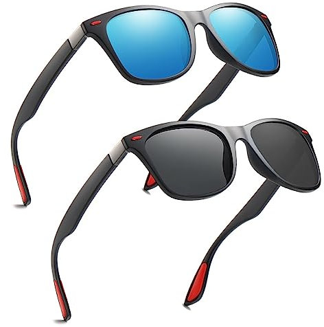 Charfia Lot de 2 paires de lunettes de soleil polarisées rétro pour homme et femme - Protection UV400 - Pour la conduite, la pêche, la randonnée, le sport, Noir , 2 Pack