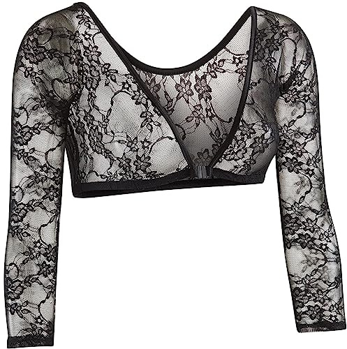 Top Corto de Malla Transparente para Mujer, Blusa Camisera de Manga Larga, Ajuste Ceñido Negro, Cárdigan Abierto en Ambos Lados para Cubrir