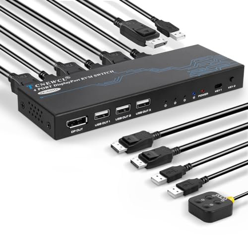 TCNEWCL DisplayPort KVM Switch 4 Porte, 4K@60Hz Switch KVM DP USB Commutatore per 4 PC Share 1 Monitor Tastiera Mouse, Displayport Switch per Laptop, PC, Xbox HDTV con 4 cavi DP e 4 cavi USB