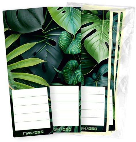 itenga Lot de 12 étiquettes pour dos de classeur - 6 x 19 cm - Autocollant pour dos de classeur comme motif panoramique - En papier adhésif (motif feuilles de la jungle)