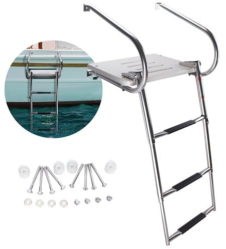 3-Step Boat Ladder with Swim Platform,Stainless Steel Dock Ladder with ABS Swim Platform 2 Handrails,500LBS Telescopic Boarding Ladder Dive Ladder for Pontoon Yacht