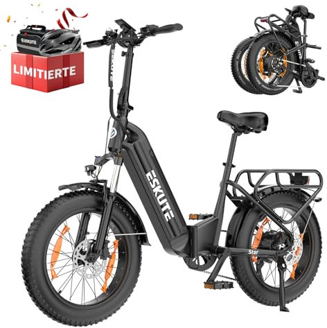 ESKUTE E Bike Star, Klapprad Elektrofahrrad mit 20 Zoll Fat Tire, 65Nm 250W Motor, Aluminium-Leichtbau, Reichweite bis zu 120 km, 7 Gang Getriebe Ebike Herren Damen für MTB, Strand & Schnee, Schwarz