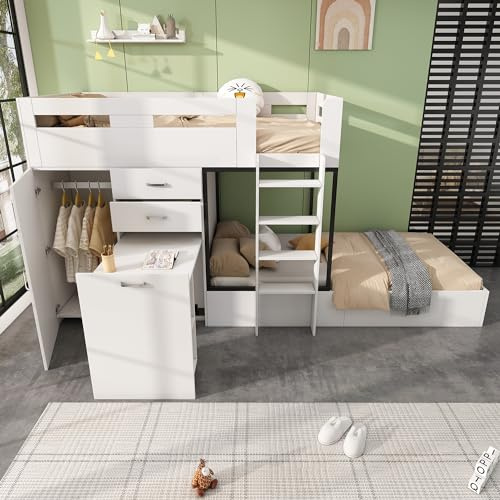Sapgaks Litera infantil con escritorio extensible y armario, cama cabaña infantil 90 x 200 cm, cama infantil con cajón y estantes y escaleras, color blanco