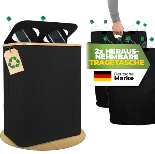 COTTARA® Pfandflaschen Sammelbehälter 2 Fächer, Stabiler Flaschensammler Leergut Behälter 2x Tragetasche, Praktischer Pfandbehälter, Pfandsammler, Pfandflaschen Aufbewahrung für Küche schwarz