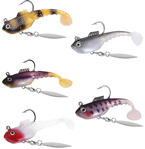5 PCS Rubber Fish Fishing Lures, Soft Plastic Artificial Lures, Fishing Lures with Reflective Spinner, Soft Artificial Lures for Fresh and Salt Water, for Bass Trout Crappie Fishing Jigs - 7cm