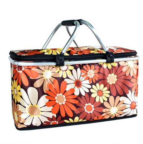 Faltbarer Einkaufskorb, großer Picknickkorb mit gepolsterten Griffe, praktischer Faltkorb, Einkaufstasche mit Aluminiumrahmen, robuster Korb (Chrysanthemen-Muster)