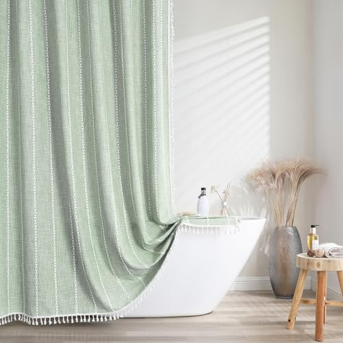 meioro randigt duschdraperi boho bondgård duschdraperier, linne vävt tyg textil duschdraperi set med 12 krokar, vattentät rustik böhmisk duschdraperi för badrum (grön, 183 x 244 cm)