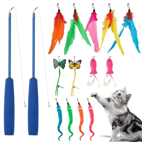 JTgugu - Juguete interactivo para gatos (15 piezas, juguetes interactivos, con plumas, caña de pescar retráctil, plumas, con campana, juguetes de plumas para gatitos, para juegos independientes