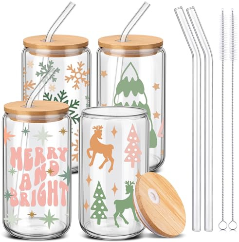 SiliFine 4 Pcs Christmas Glass Cups with Lids and Straws 16 oz Christmas Drinking Glasses Iced Coffee Cups Xmas Can Shape Mug Tumbler for Xmas Appreciation Gifts Birthday Party Favors(Green)