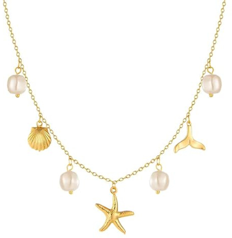 COYUN Collier à breloques pour femme, perles étoile de mer coquillage or 14 carats, bijoux d'été, plage, surfeur