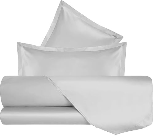 Mahome Set Lenzuola Matrimoniale Pregiato Raso di Cotone 100% 300 fili (TC) Artigianale - Lenzuolo con Angoli 180x200x27cm, Lenzuolo Sopra 260x300cm, 2 Federe con Volant - Made in Italy – Ghiaccio