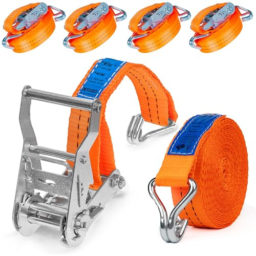 INTAKO Cinghie a Cricchetto 2000kg 35mm – Set 4 Pezzi – 4m / 6m / 8m – Cinghie di Fissaggio Moto Arancioni – EN 12195-2 TÜV GS (Arancione, 8m)