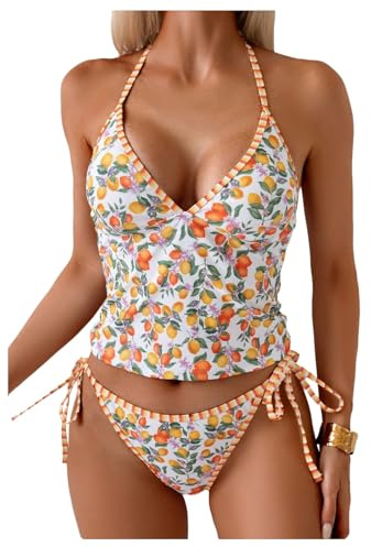 GORGLITTER Women's Lemon Print Striped Tankini Sets Halter V Neck Tankinis