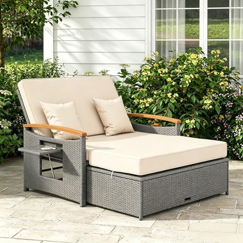 GIANTEX Conjunto de Muebles de Ratán para Jardín, Sofá de Ratán de 2 Plazas y Taburete, Sofá Cama con Mesas Laterales y Cojines, Tumbona Doble para Jardín, Balcón, Terraza (Gris+Marrón)
