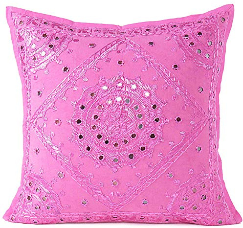 Eyes of India Embroidered Decorative Boho Throw Pillow Cover with Mirrors, Handmade Bohemian Accent Cushion Case for Sofa Couch Bedroom Living Room (Pink, 16 x 16)