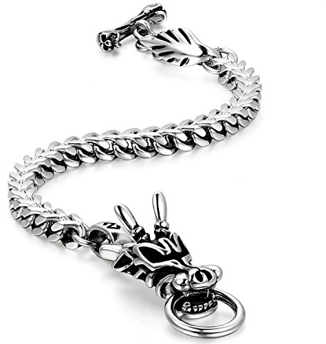 JewleryWe Biker Mens Gothic Style Stainless Steel Curb Chain Dragon Bracelet Toggle Clasp 9.4 Inch