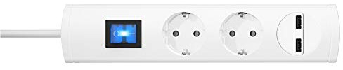 Kopp Plus 2-Fach Steckdosenleiste Ladeport, 1,4 m Kabel, 90° gedrehte Töpfe, großer Steckdosen-Abstand, anschraubbar, beleuchteter Schalter, erhöhter Berührungsschutz, weiß, 233502007, 2fach+2 USB
