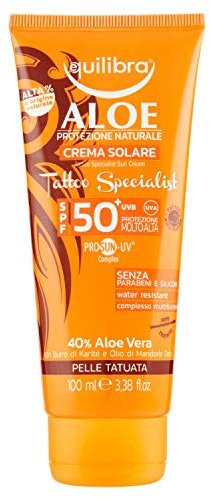Equilibra Solari, Aloe Crema Solare Tattoo Specialist Spf 50+, Crema Solare Tatuaggi a Base di Aloe Vera e Vitamina E, per un'Abbronzatura Sana e Naturale della Pelle Tatuata, Water Resistant, 100 ml