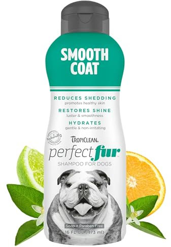TropiClean PerfectFur Dog Shampoo - Used by Groomers - Derived from Natural Ingredients - Moisturising & Shed Control Formula for Smooth Coat Breeds like Bulldogs, Boxers & Pointers - 473ml