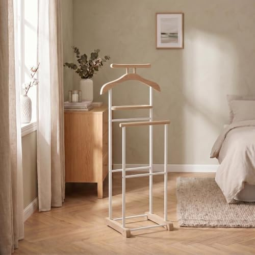 CARO-Möbel Herrendiener Medina, roble Sonoma/Blanco - Perchero con percha para pantalones y saco, maniquí silencioso con estante para joyas o relojes, perchero para dormitorio, MDF/Metal