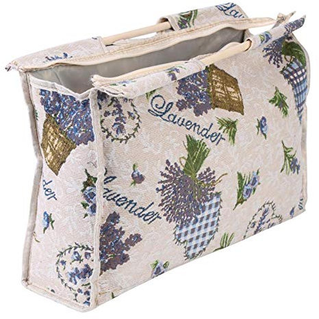 Knitting Bag, Woven Fabric Craft Storage Bag with Wooden Handle, Knitting Basket for Knitting Needles Sewing Tools, Practical Tote Bag with Zip for Embroidery Project Wool Storage(purple flower)