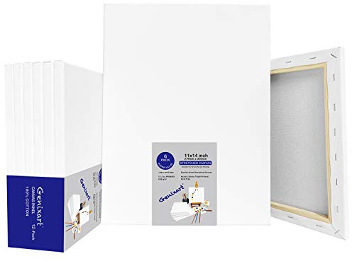 Genixart 28 x 36 cm/11 x 14 tum vit tom sträckt duk, 6-pack, grundade professionella konstnärsdukar för akryl- och oljemålning