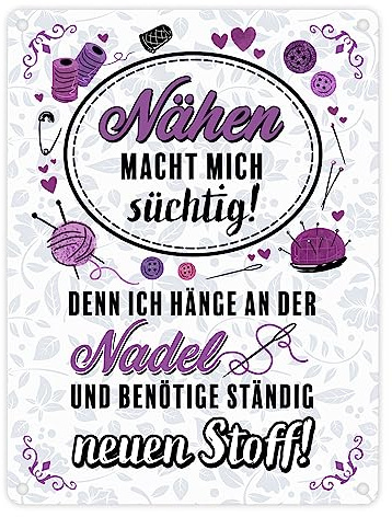 Nähen macht mich süchtig Metallschild in 15x20 cm als Dekoration für das Nähzimmer von Mama und Oma mit makabrem Witz über Drogen