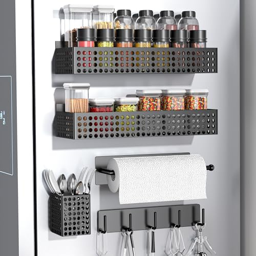 Toosci Magnetiskt kylskåpsorganisatör, 5 st, anpassningsbart, metallmaterial, perfekt för förvaring av kryddor, burkar, drycker, mellanmål, köksredskap med mera
